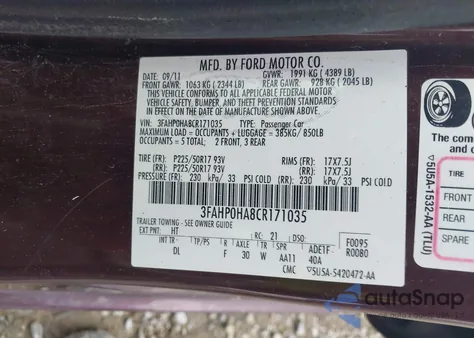 2012 Ford Fusion Se z USA, uszkodzony, nr VIN 3FAHP0HA8CR171035